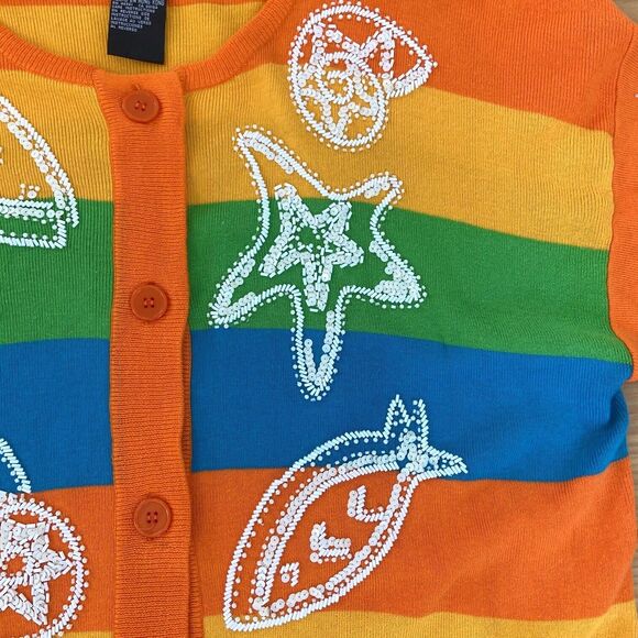 Vintage 80s 90s IB Diffusion Ocean Fish Striped Cardigan Sweater Beaded Sequin - Picture 10 of 11